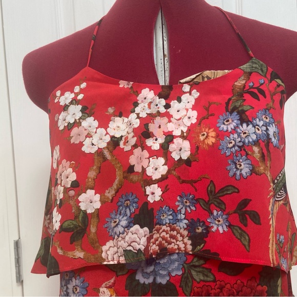 Alice + Olivia women red floral frilled 100% silk halter top. Size XS. Used. - Picture 2 of 8